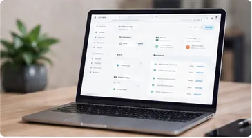 Illustration of business software displayed on a laptop.